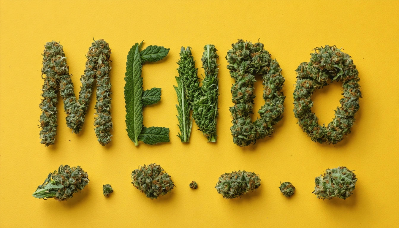 The word "MENDO" spelled with cannabis buds and leaves on a yellow background
