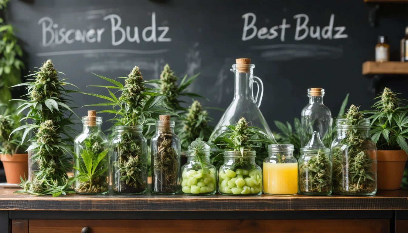 Glass jars filled with green plants and fruits on a wooden table, large glass bottles in the background, chalkboard with text