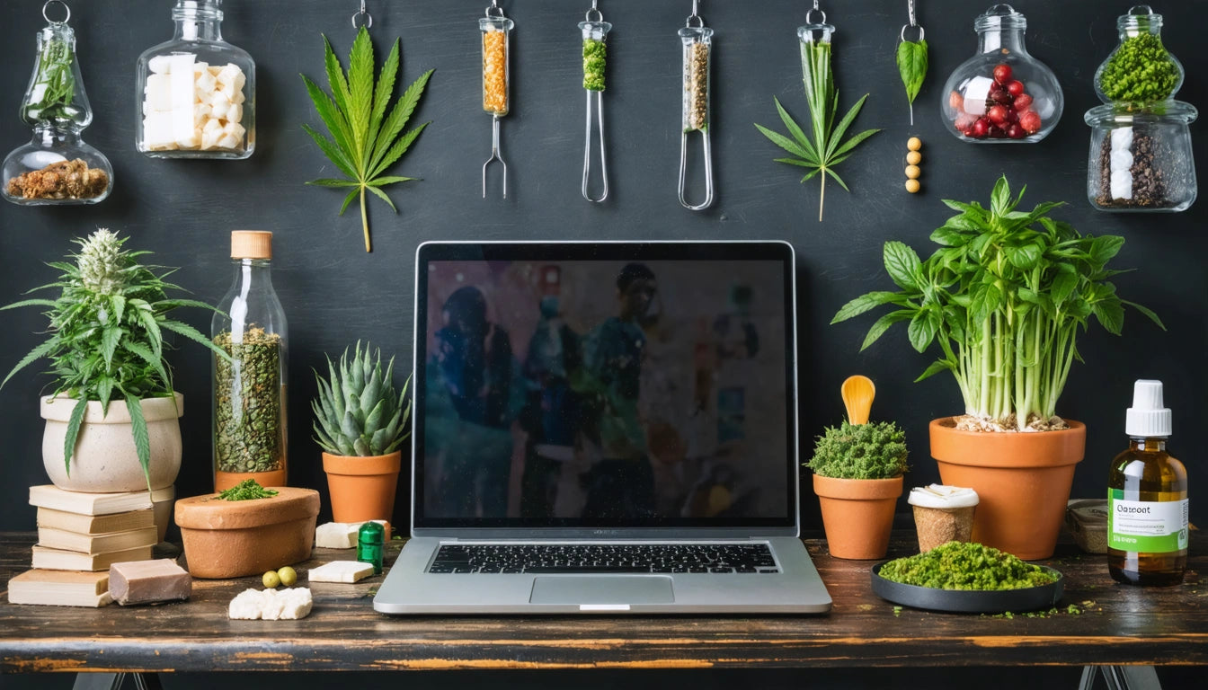 Laptop on wooden table surrounded by potted plants, herbs, and hanging jars of spices against a dark background