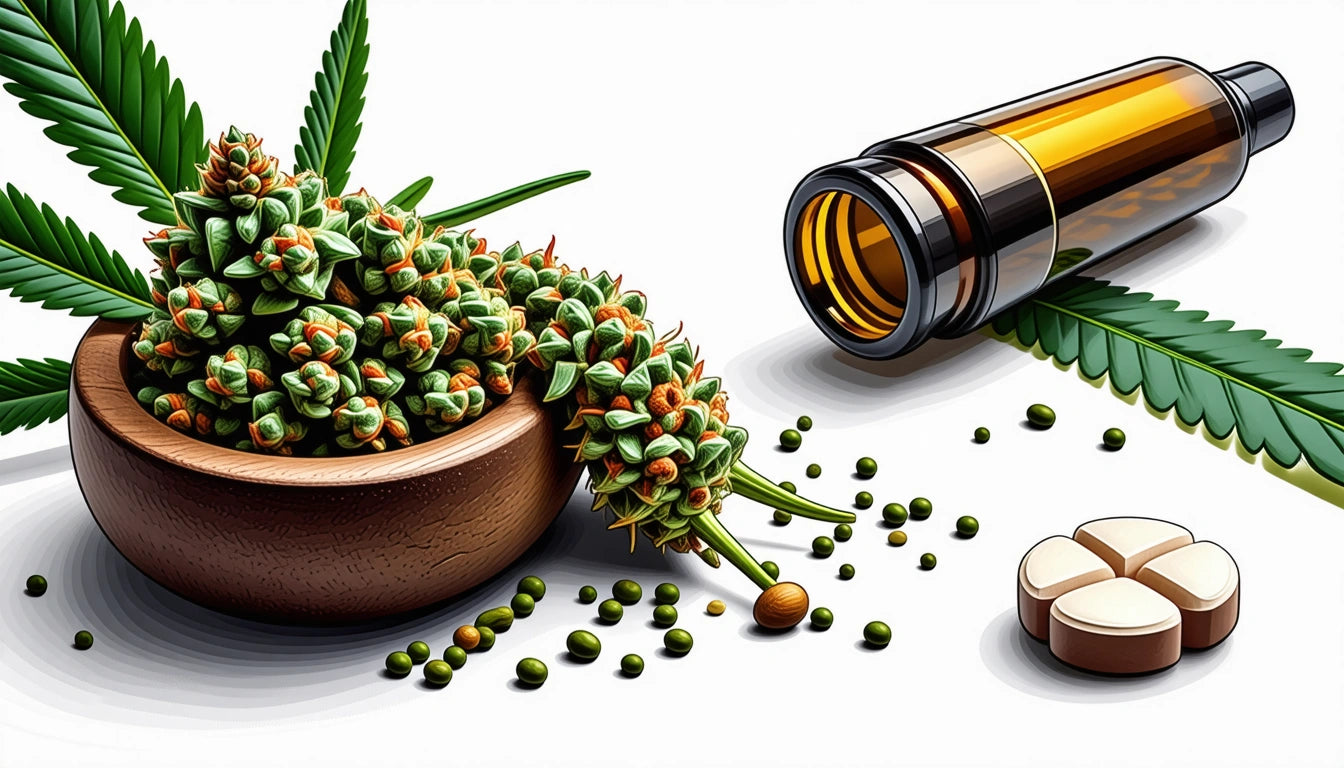 Wooden bowl with green and orange buds, scattered seeds, glass vial with liquid, two round tablets on white background