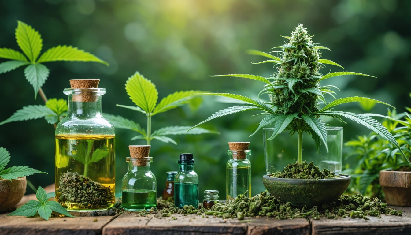 Glass bottles with green liquid, cannabis leaves, and a cannabis plant on a wooden surface, blurred greenery in background