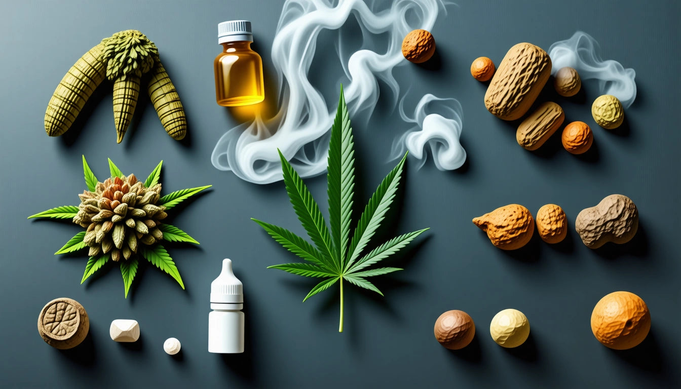 Assorted nuts, corn, and cannabis leaves on dark surface with smoke, amber bottle, and dropper bottle