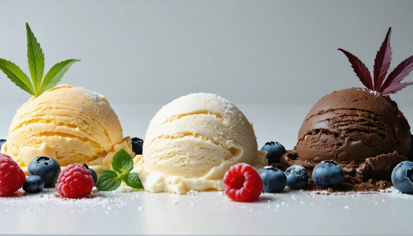 Three ice cream scoops: yellow, white, and brown, garnished with berries and mint leaves on a white surface