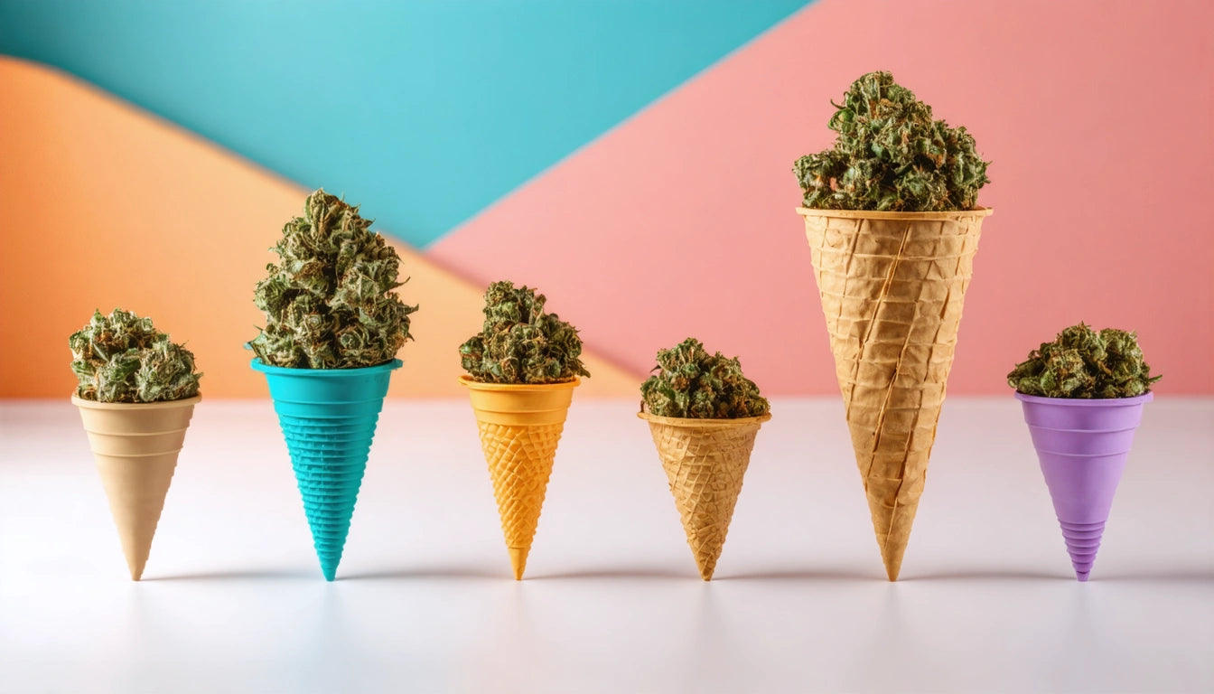Six waffle cones filled with green plant buds, arranged by size on a colorful geometric background