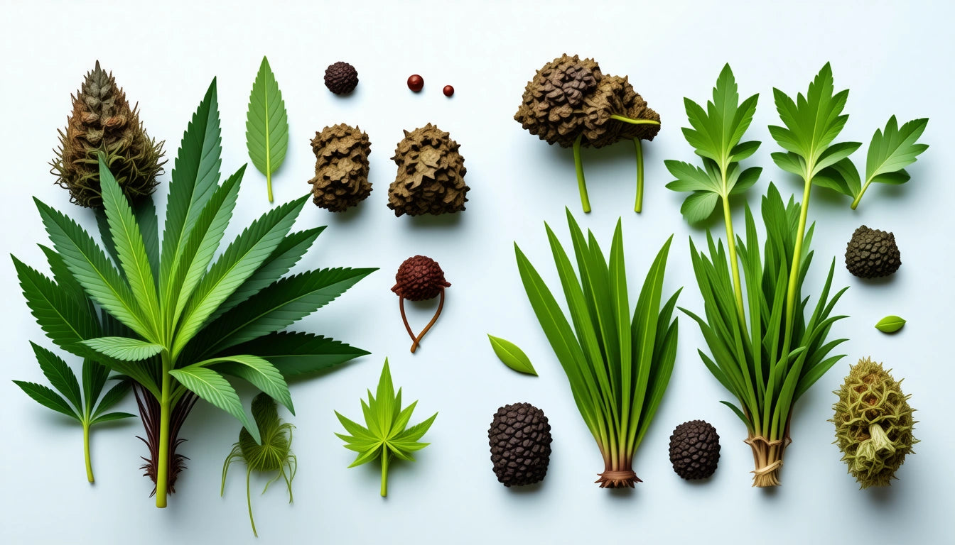 Various green leaves and brown pine cones arranged on a light surface, with some small red berries scattered around