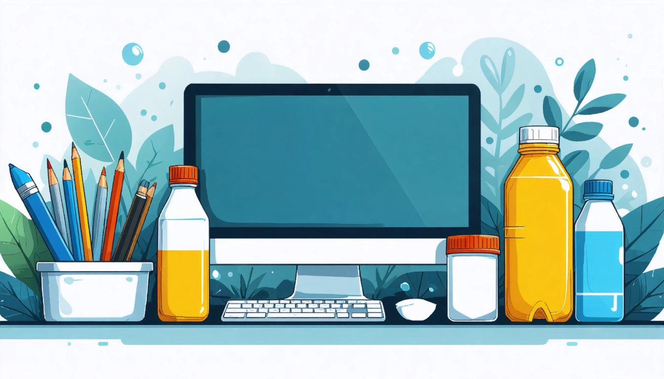 Computer monitor on desk with keyboard, surrounded by colorful bottles, pencils in a cup, and leafy background