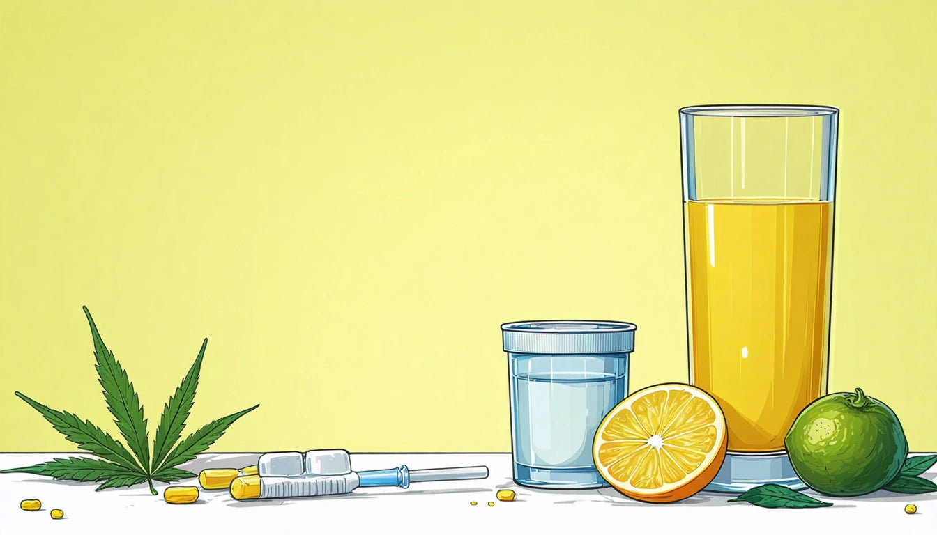 Yellow background, tall glass of orange juice, sliced orange, lime, pill bottles, syringe, cannabis leaf on white surface