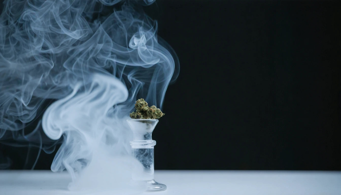 Glass container with green buds, surrounded by swirling white smoke against a black background