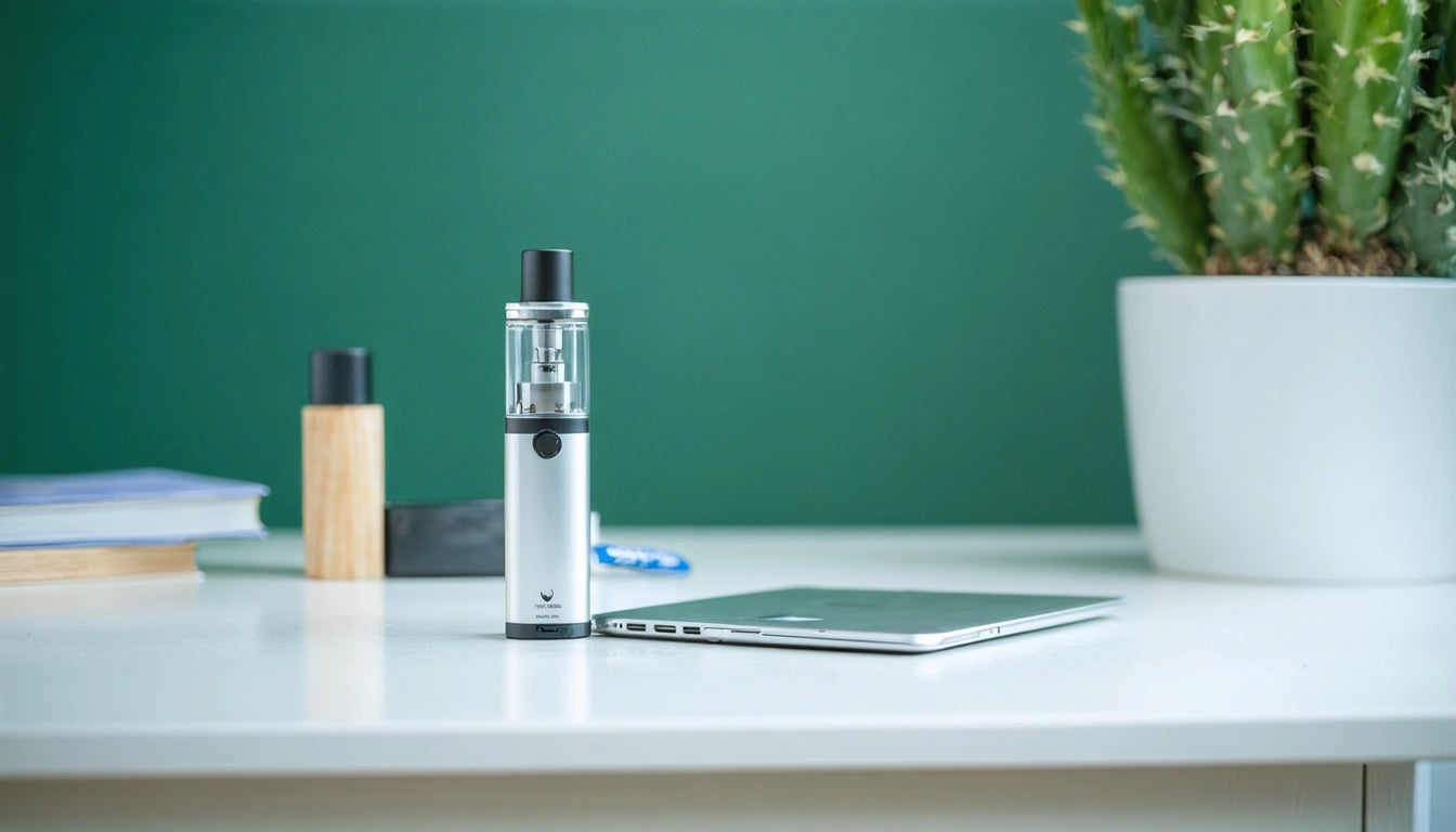 Silver vape pen standing on white desk, next to a closed laptop. Green wall and potted cactus in the background
