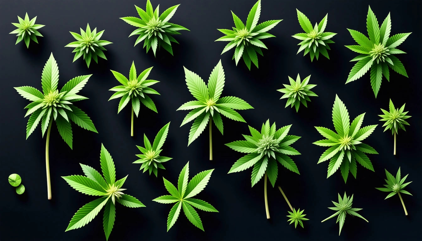 Various green leaves with serrated edges arranged on a dark background