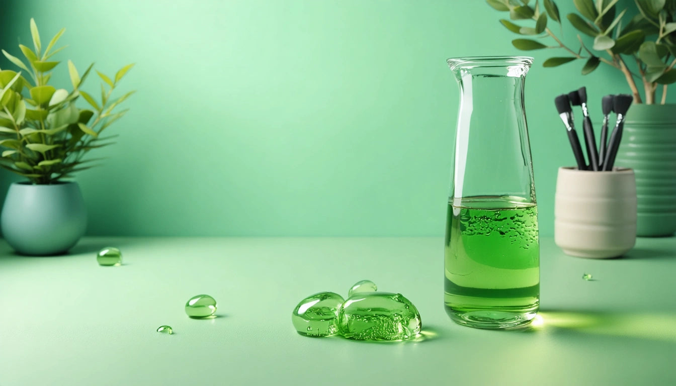Glass carafe with green liquid, spilled droplets on table, potted plants and brushes in background, green backdrop