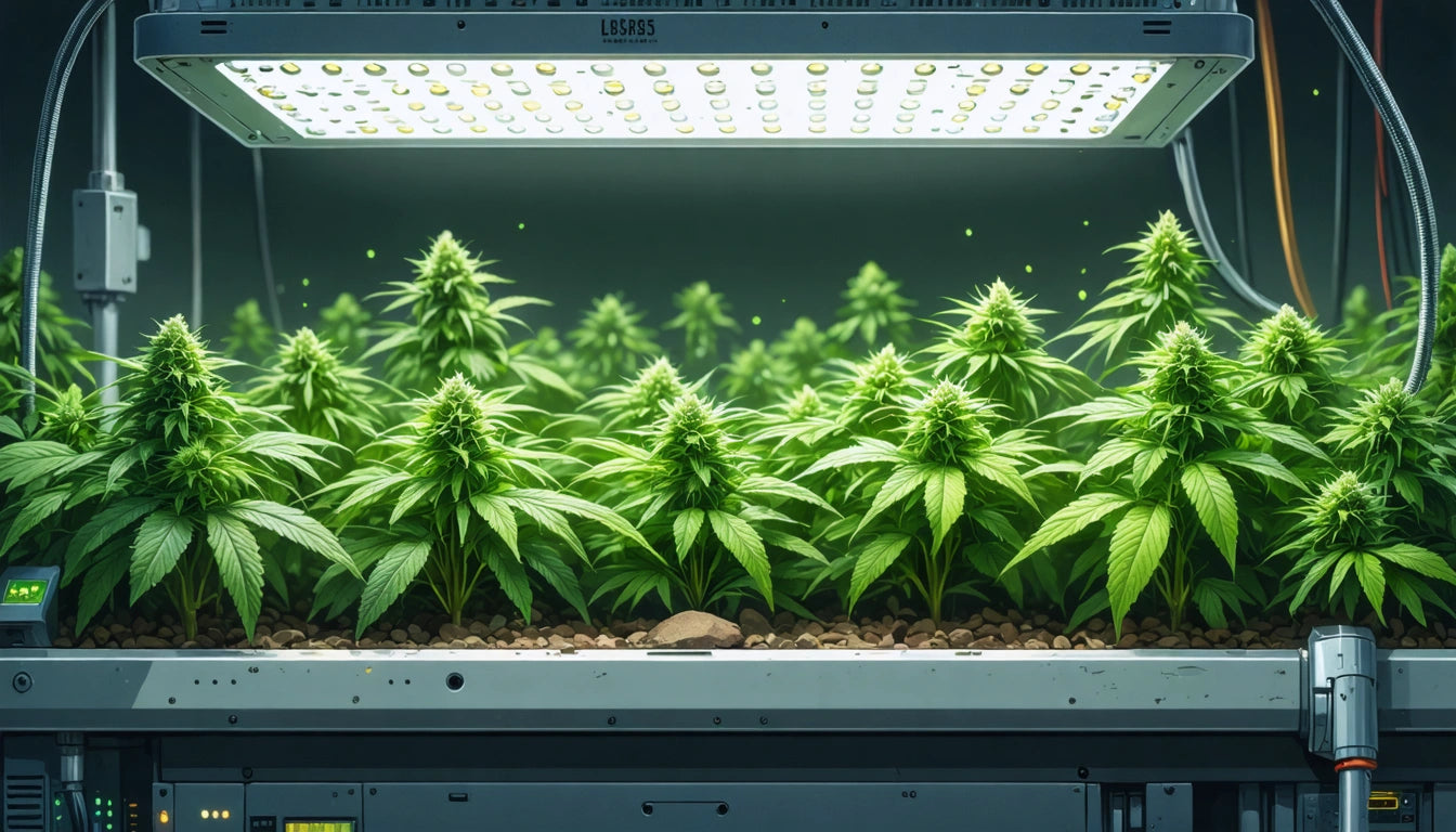 Rows of lush green plants under a bright LED grow light, with small rocks on soil, in an indoor setting