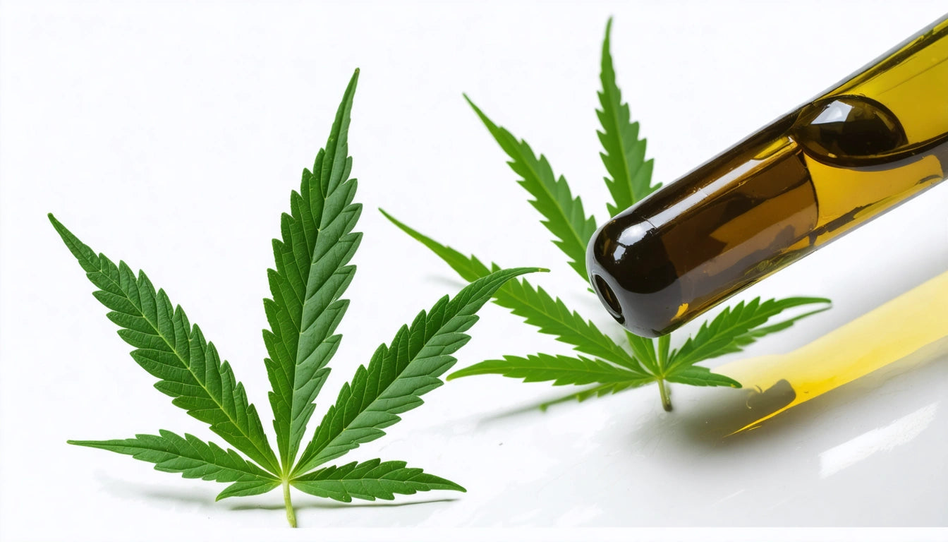 Two green leaves and a brown dropper bottle on a white surface