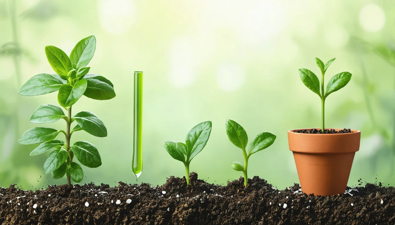 Four plants at different growth stages in soil, a green test tube, and a small plant in a terracotta pot against a blurred background