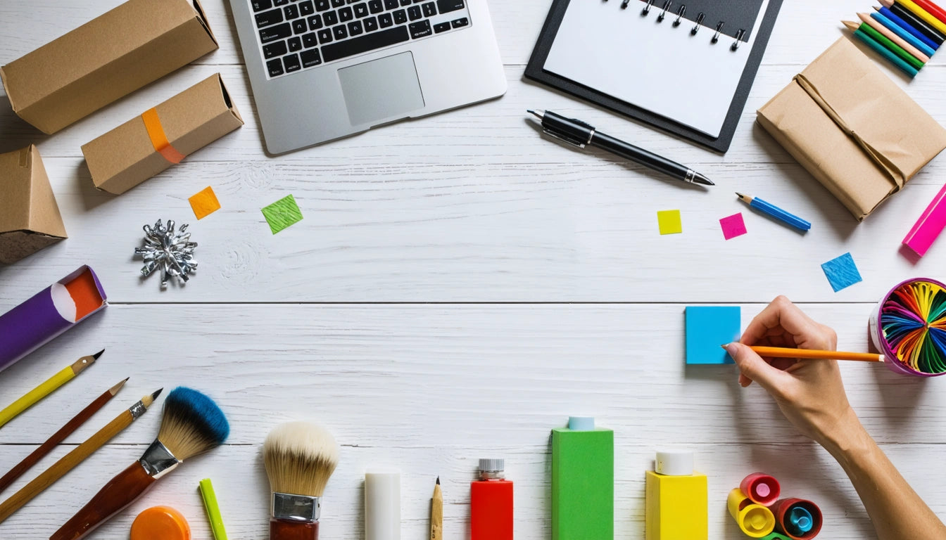 Laptop, notepad, pens, and colorful sticky notes on white desk; hand writing on blue note; art supplies and brushes below