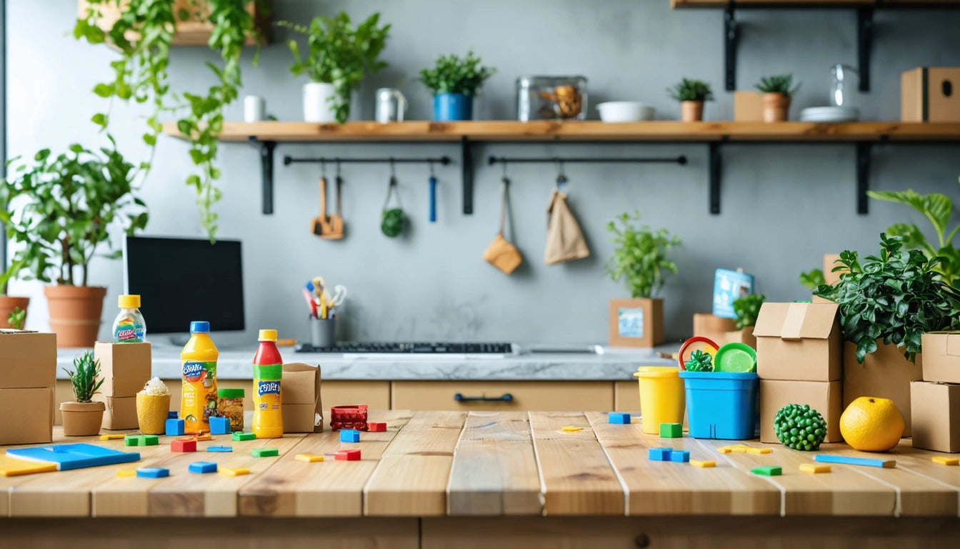 Wooden table with colorful toys and bottles, surrounded by potted plants and cardboard boxes; kitchen shelves in the background