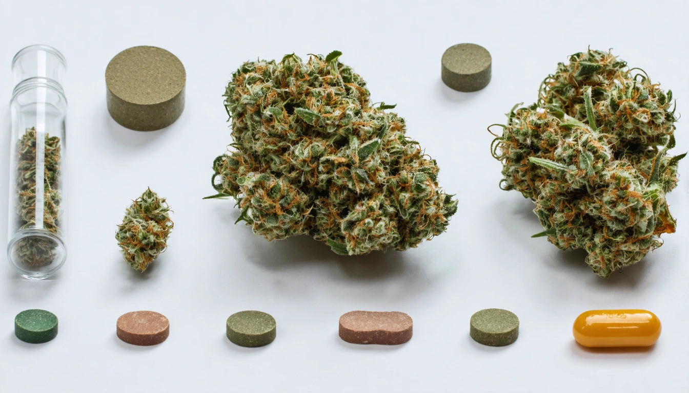 Glass vial, cannabis buds, and various pills arranged on a white surface