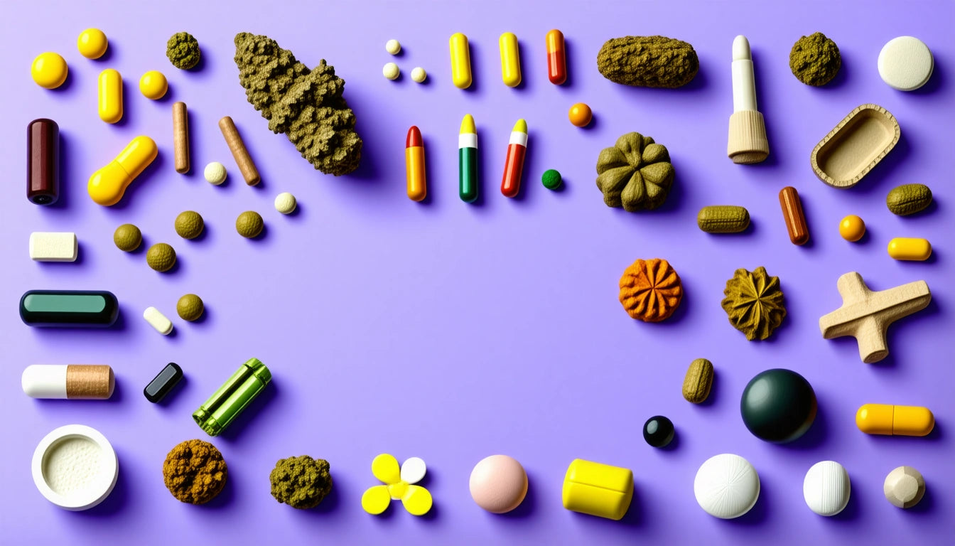 Various colorful pills, capsules, and natural herbs arranged on a purple background