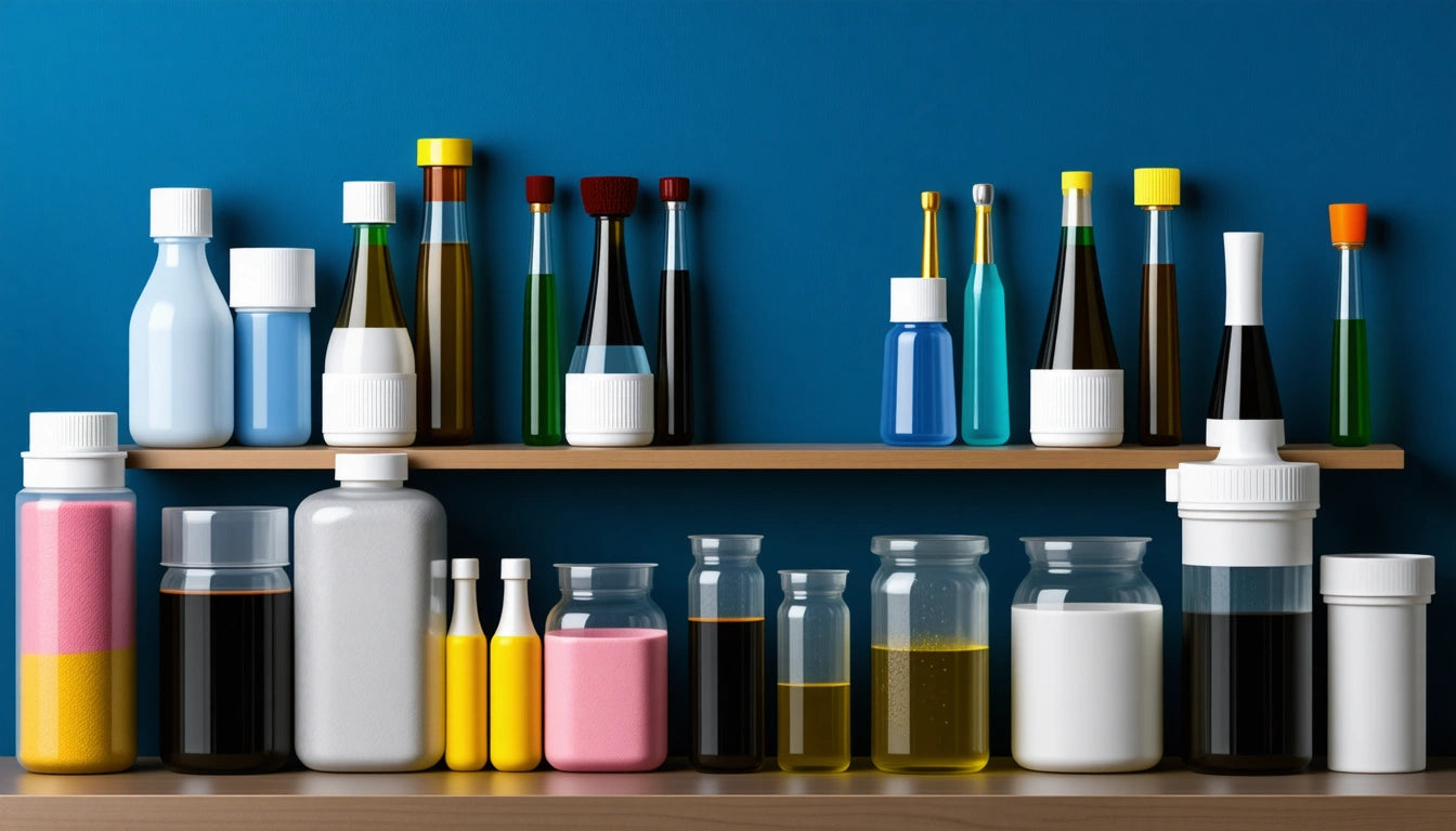 Various bottles and jars of different sizes and colors on wooden shelves against a blue wall