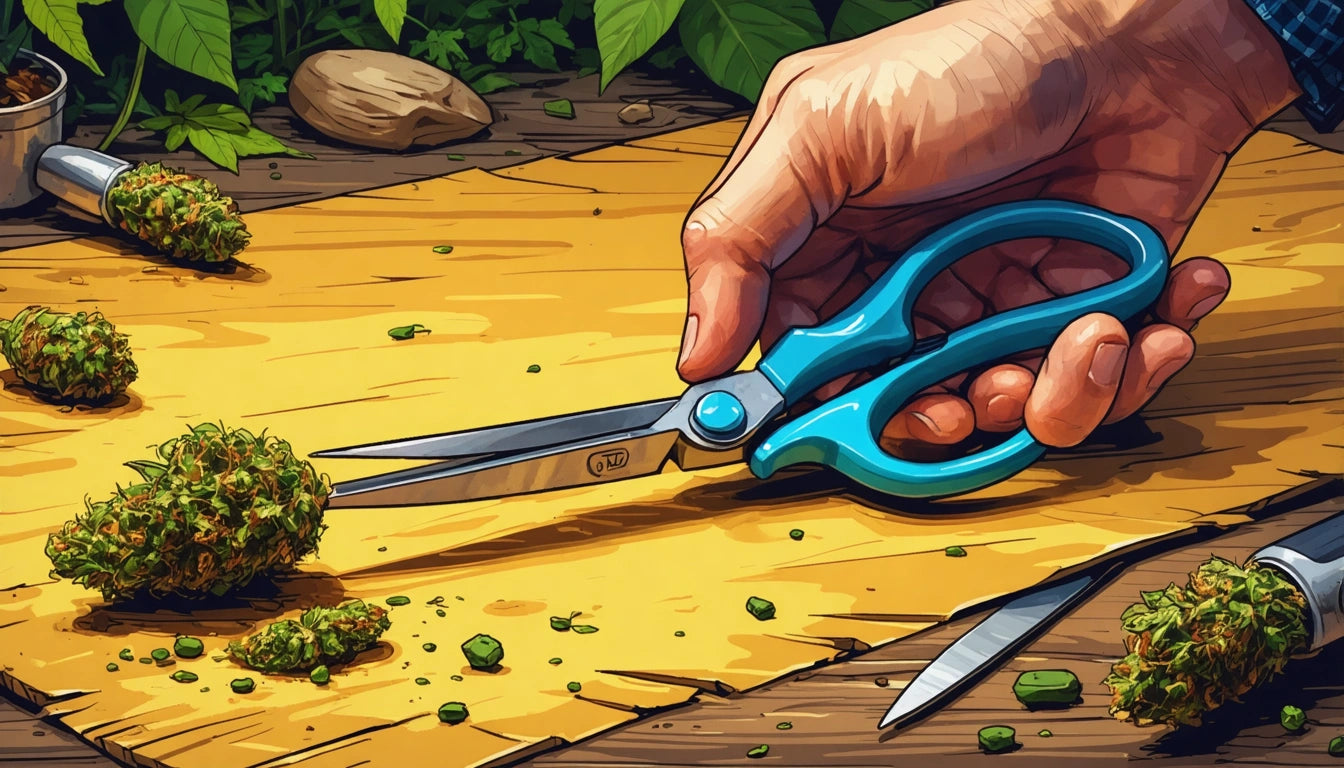Hand holding blue scissors, trimming green plant buds on a wooden surface with scattered leaves and stems
