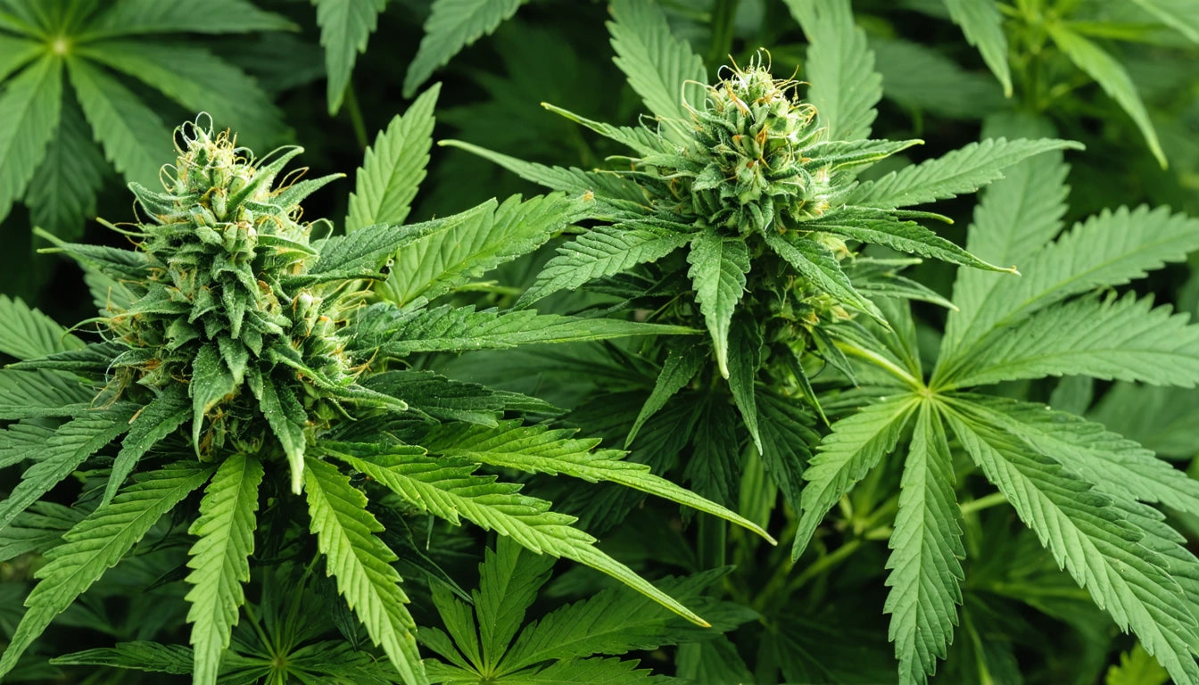 Green leafy plants with dense clusters of spiky, textured buds and serrated leaves, set against a background of similar foliage