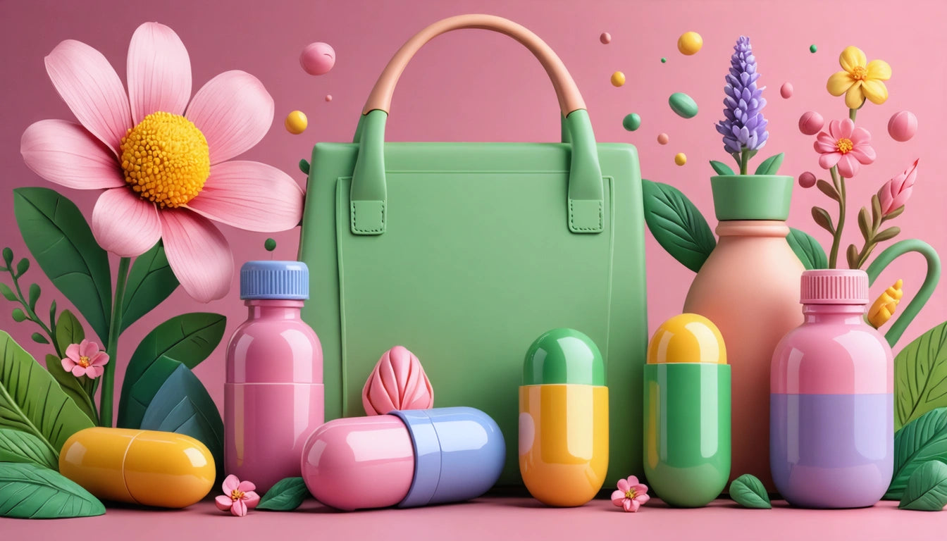 Green handbag surrounded by colorful bottles, capsules, and flowers on a pink background