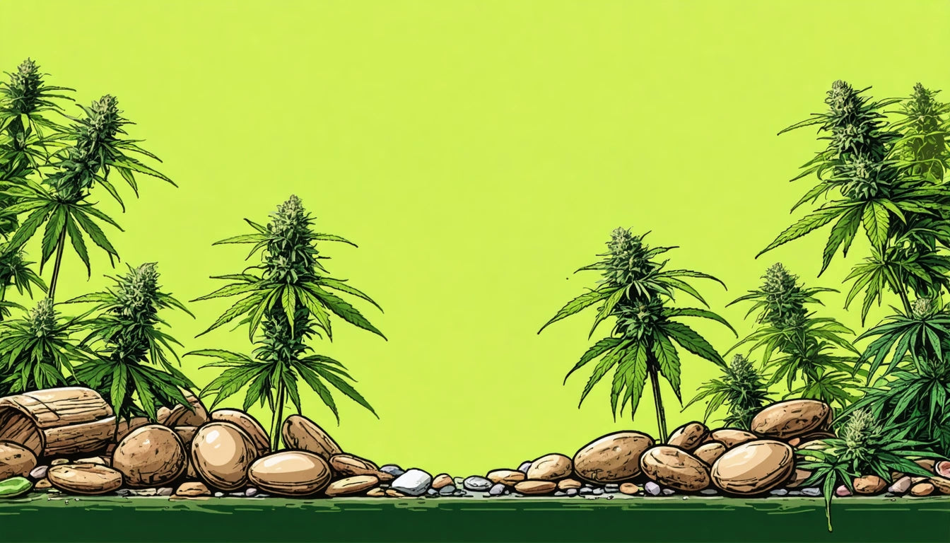 Two tall plants with jagged leaves and buds, surrounded by smooth stones on a green background