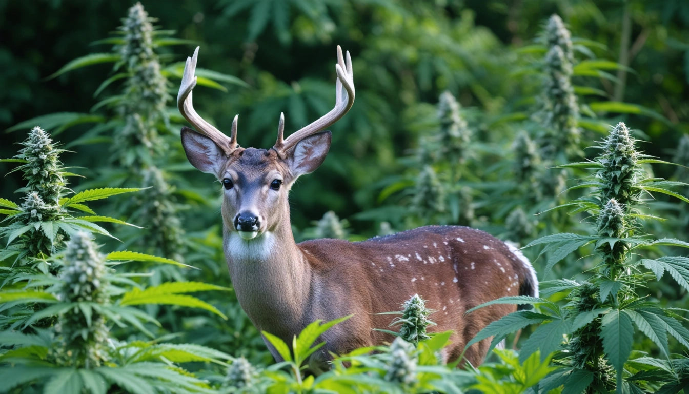 Deer with antlers standing among tall green plants with pointed leaves, dense foliage in the background