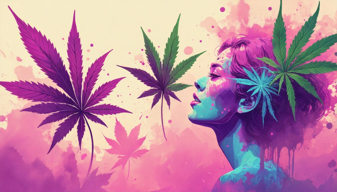 Woman with colorful paint on face, eyes closed, surrounded by large, vibrant cannabis leaves on a pink and yellow background