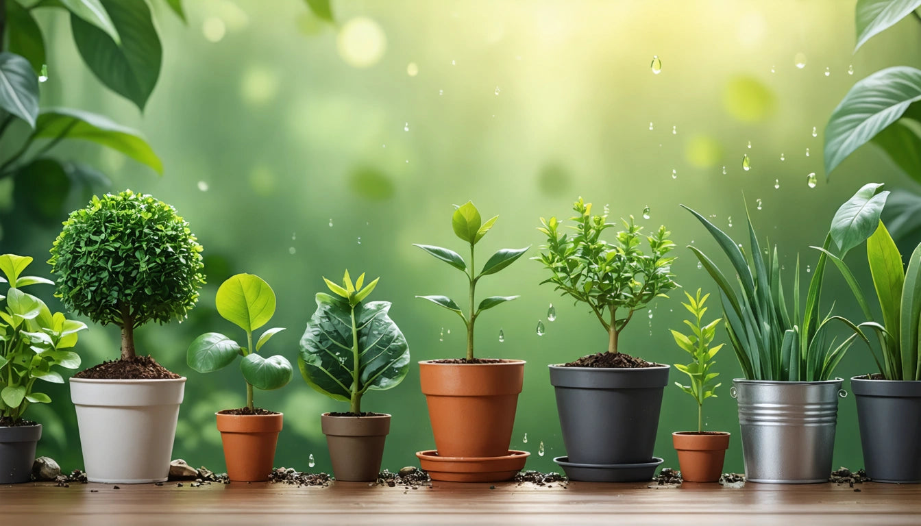 Various potted plants in a row on a wooden surface, with a blurred green background and droplets falling