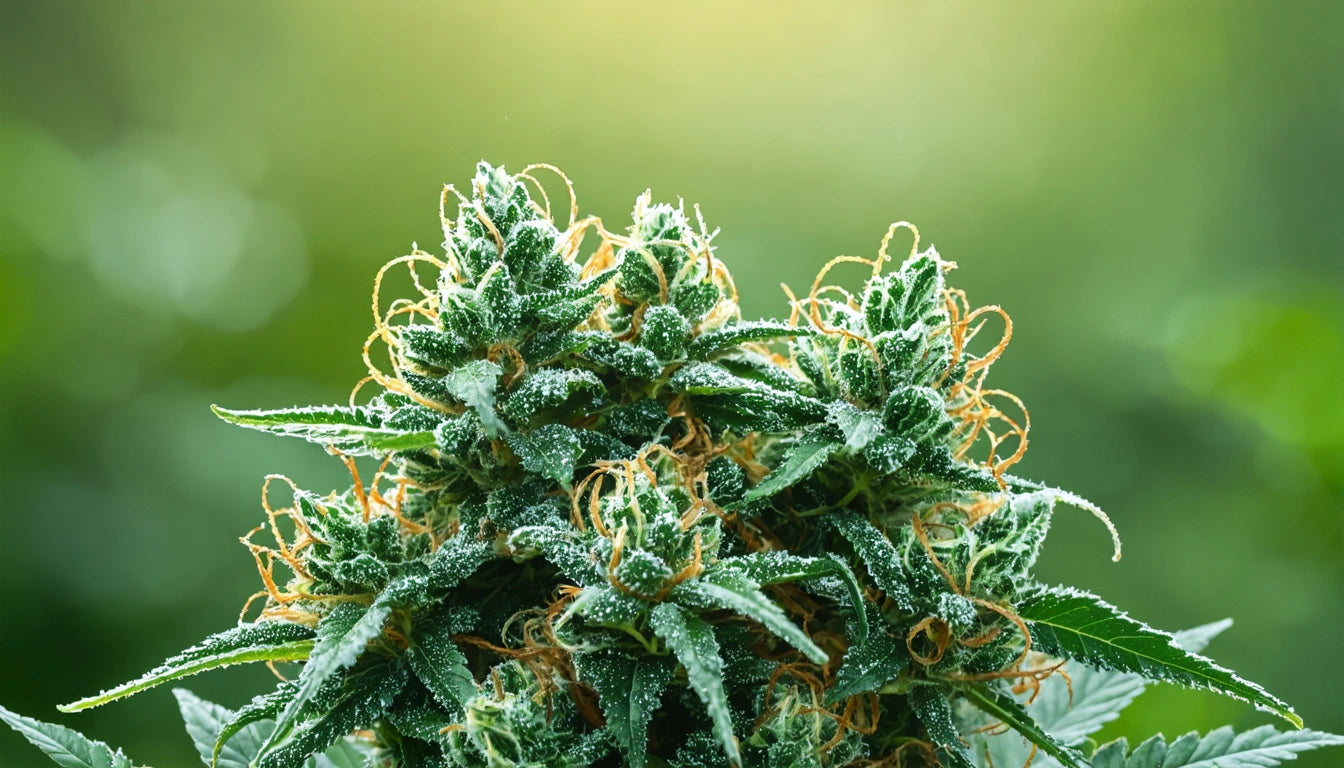 Green plant with frosty leaves and orange tendrils against a blurred green background