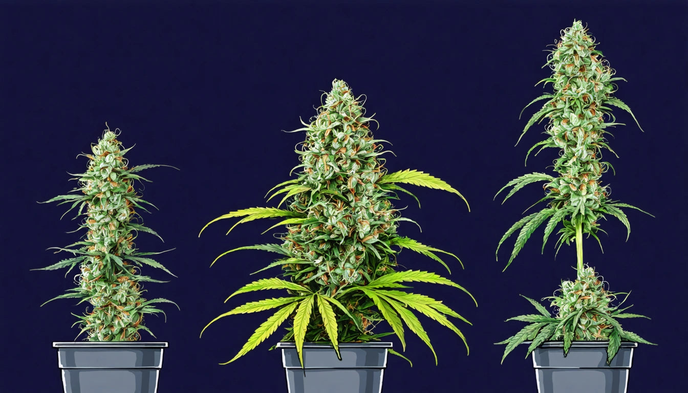 Three potted plants with dense clusters of green leaves and buds against a dark blue background