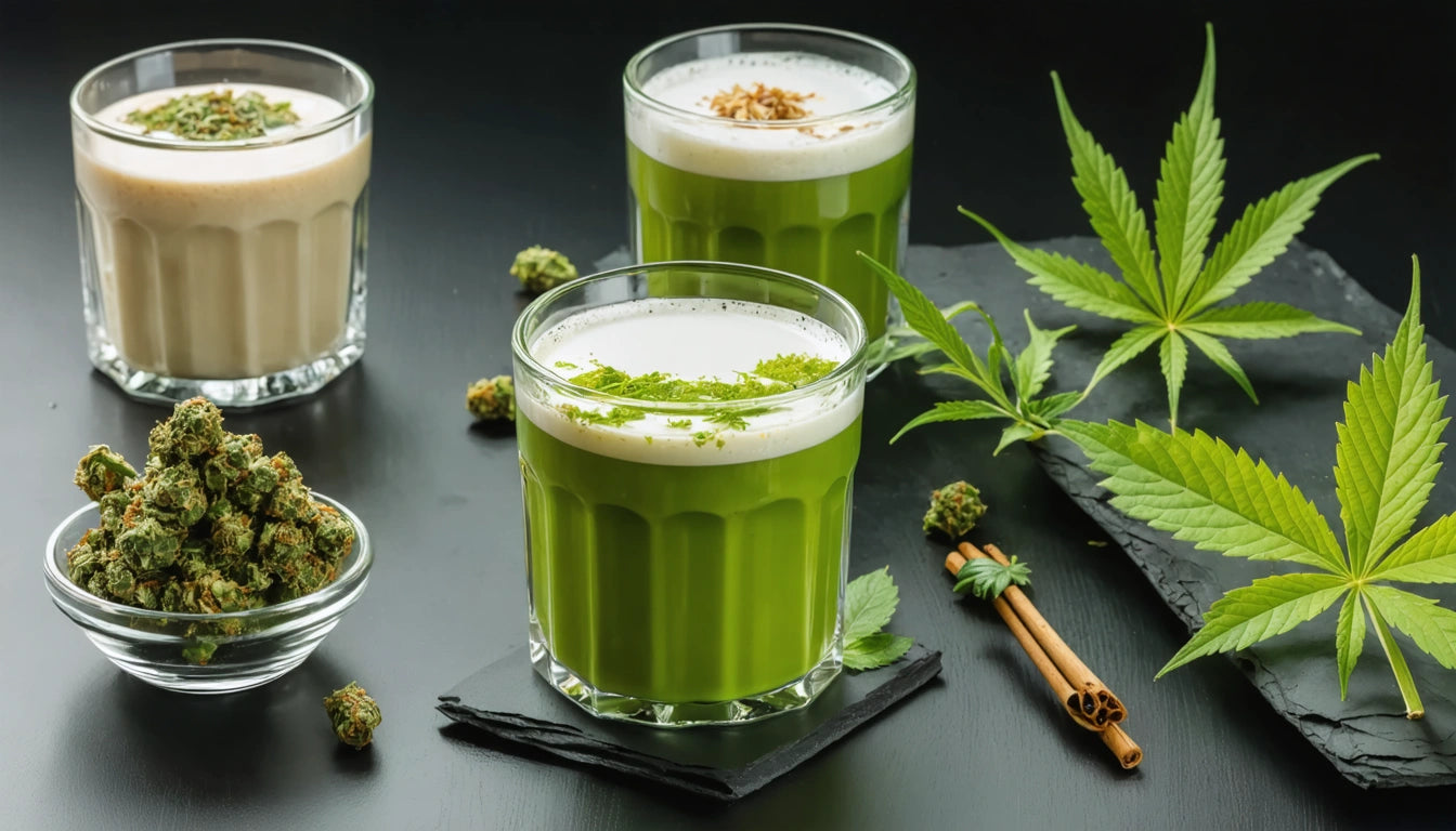 Three glasses with green and beige drinks on black coasters, surrounded by green leaves, cinnamon sticks, and small buds