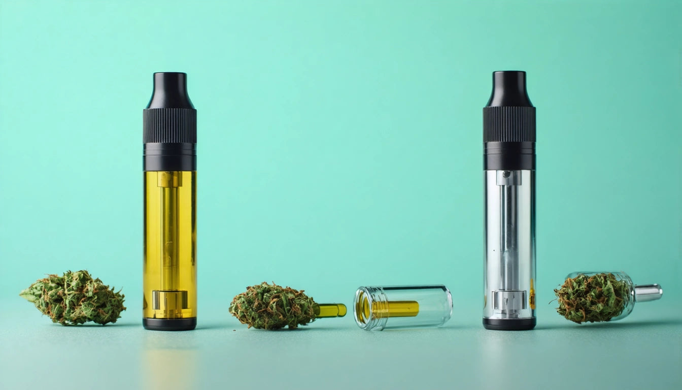 Two vape cartridges, one yellow and one clear, with cannabis buds and a small glass container on a green background
