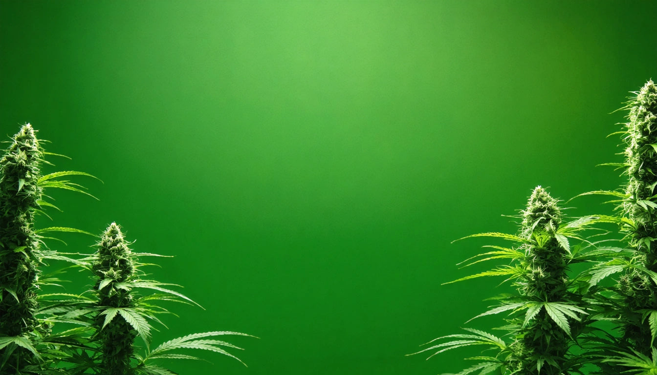 Dense green plants with pointed leaves on both sides against a solid green background