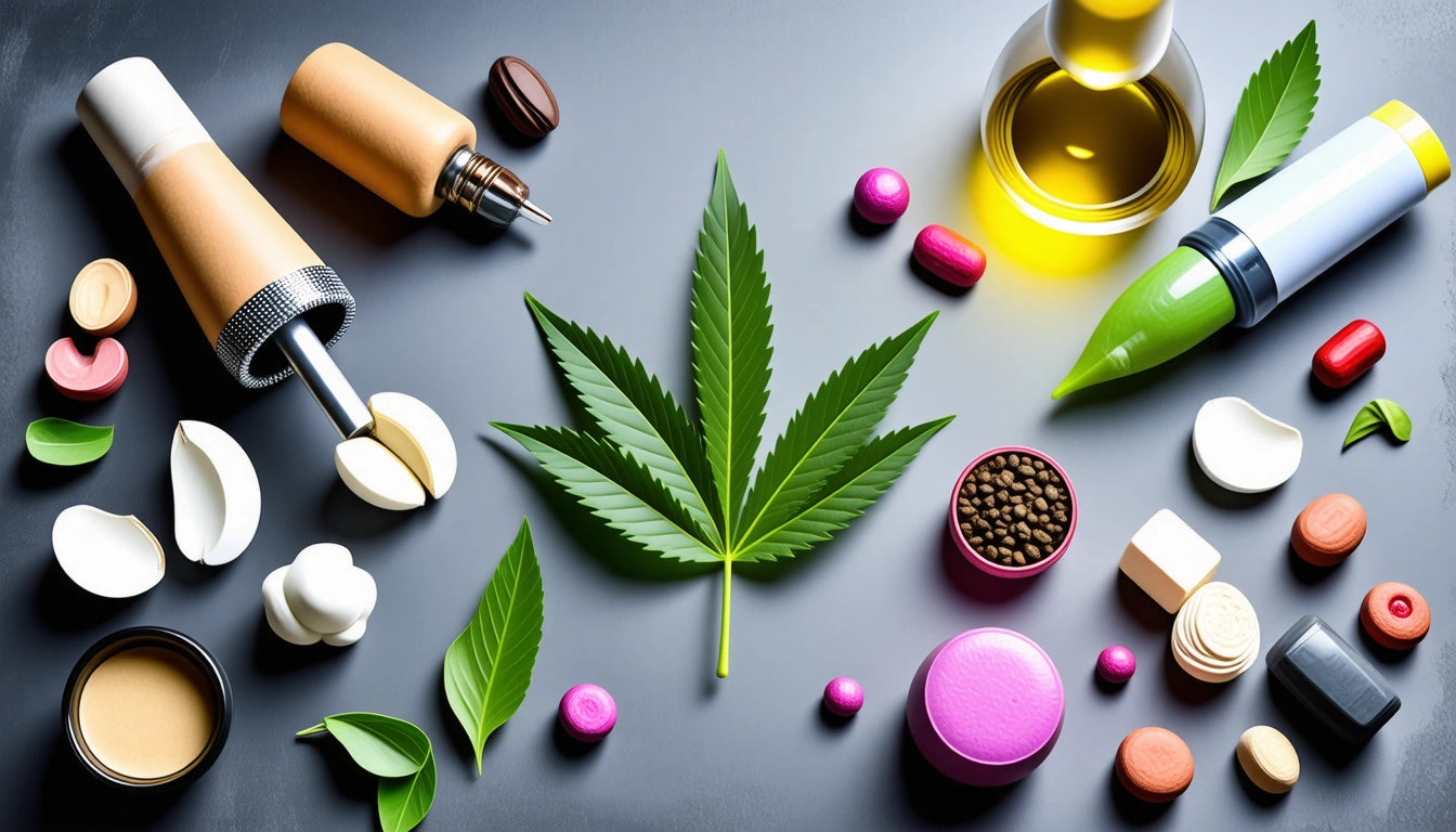 Cannabis leaf surrounded by colorful pills, capsules, oil bottles, and green leaves on a gray surface
