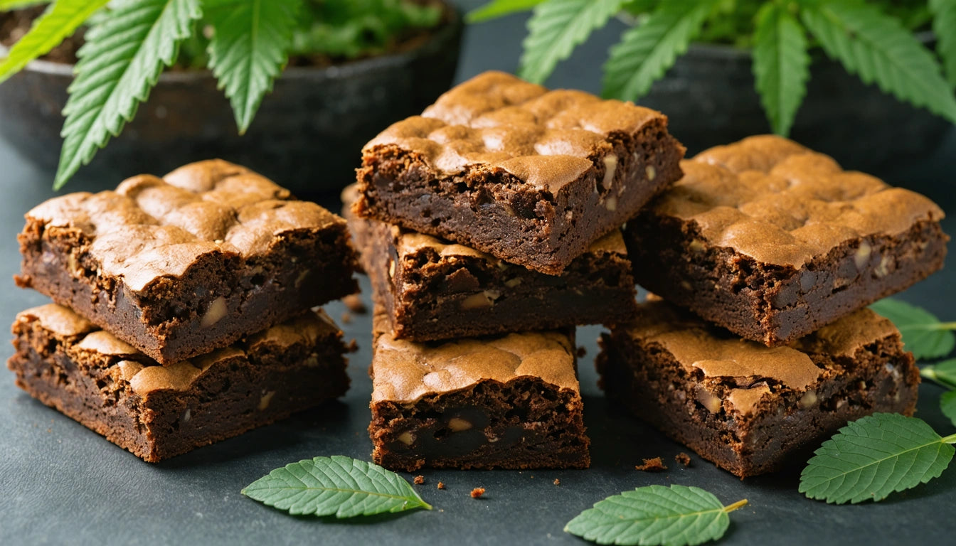 Six chocolate brownies stacked on a dark surface, surrounded by green leaves and potted plants in the background