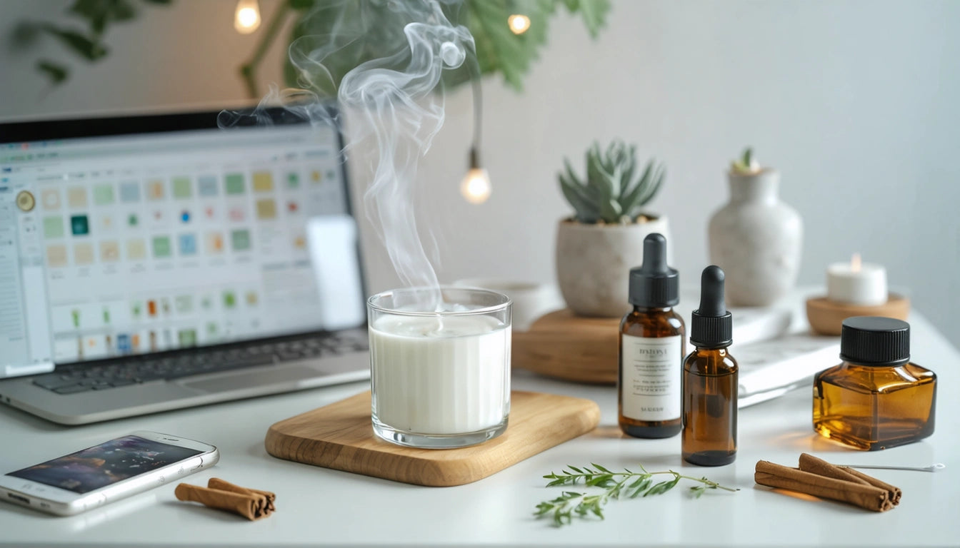 Glass candle with smoke, laptop, amber bottles, cinnamon sticks, succulents, and smartphone on a white table
