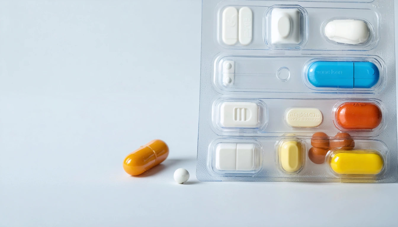 Blister pack with various pills, including white, blue, and yellow tablets; orange capsule and small white pill nearby