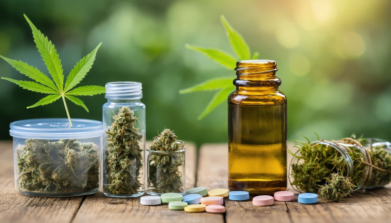 Glass jars with green buds, amber bottle, scattered colorful pills, and cannabis leaves on wooden surface, blurred green background