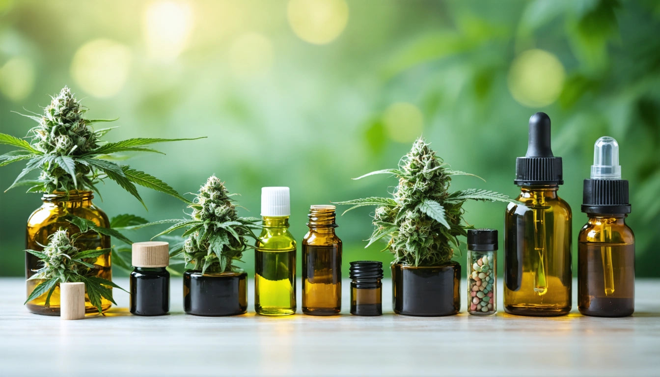 Various small bottles and jars with cannabis buds and oils on a wooden surface, green blurred background