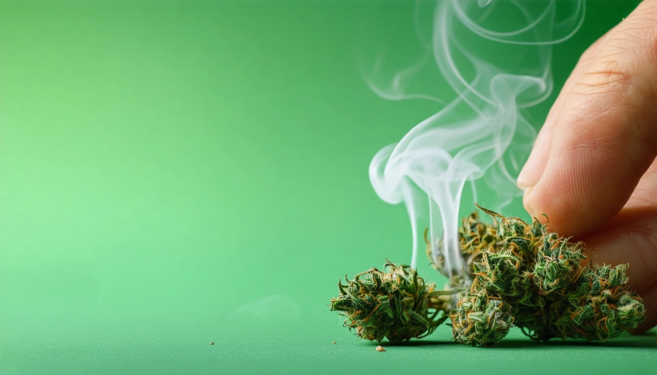 Hand holding dried green plant with smoke rising against a solid green background