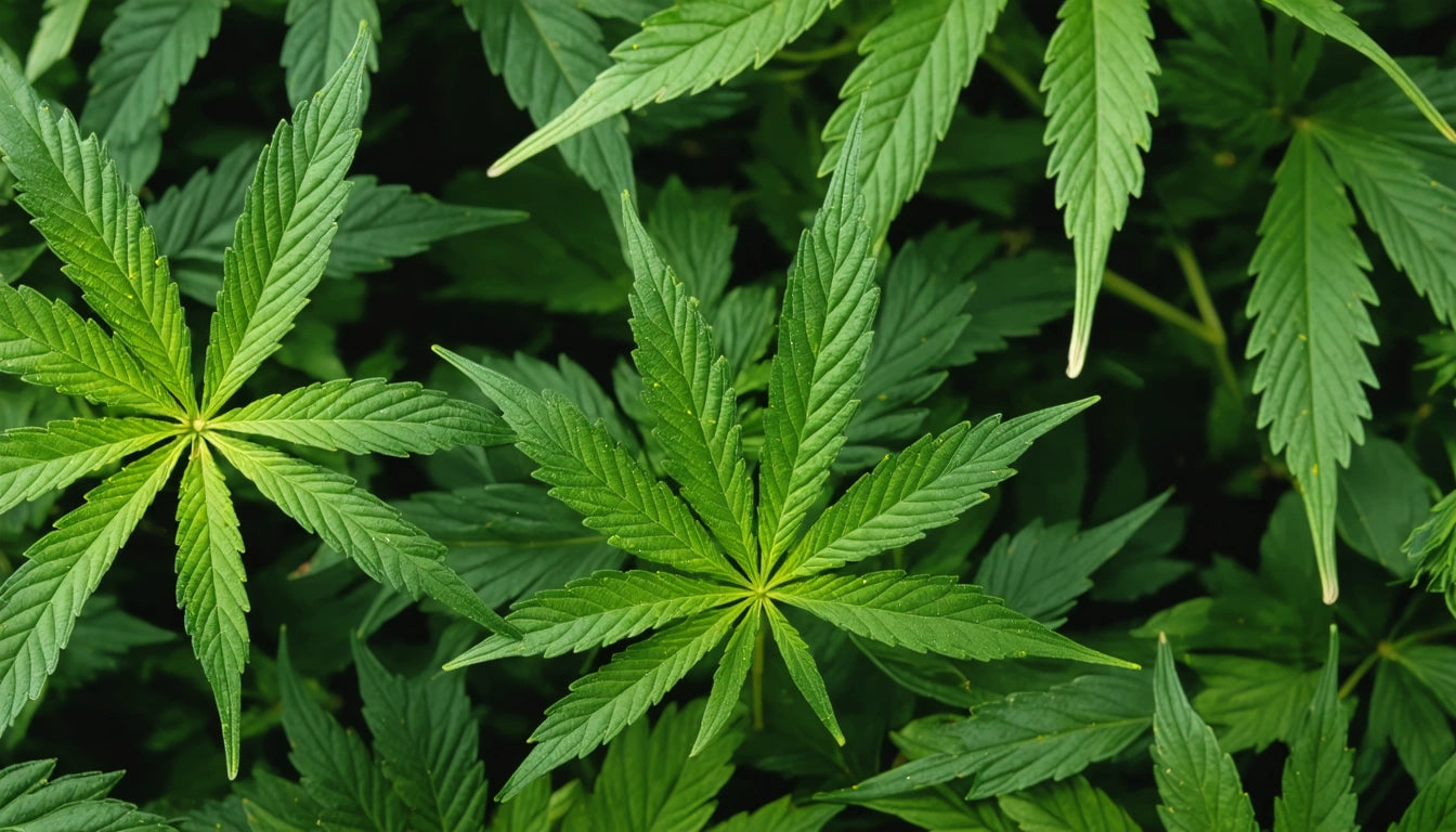 Dense cluster of green, serrated leaves with pointed tips, overlapping each other, creating a lush, textured pattern