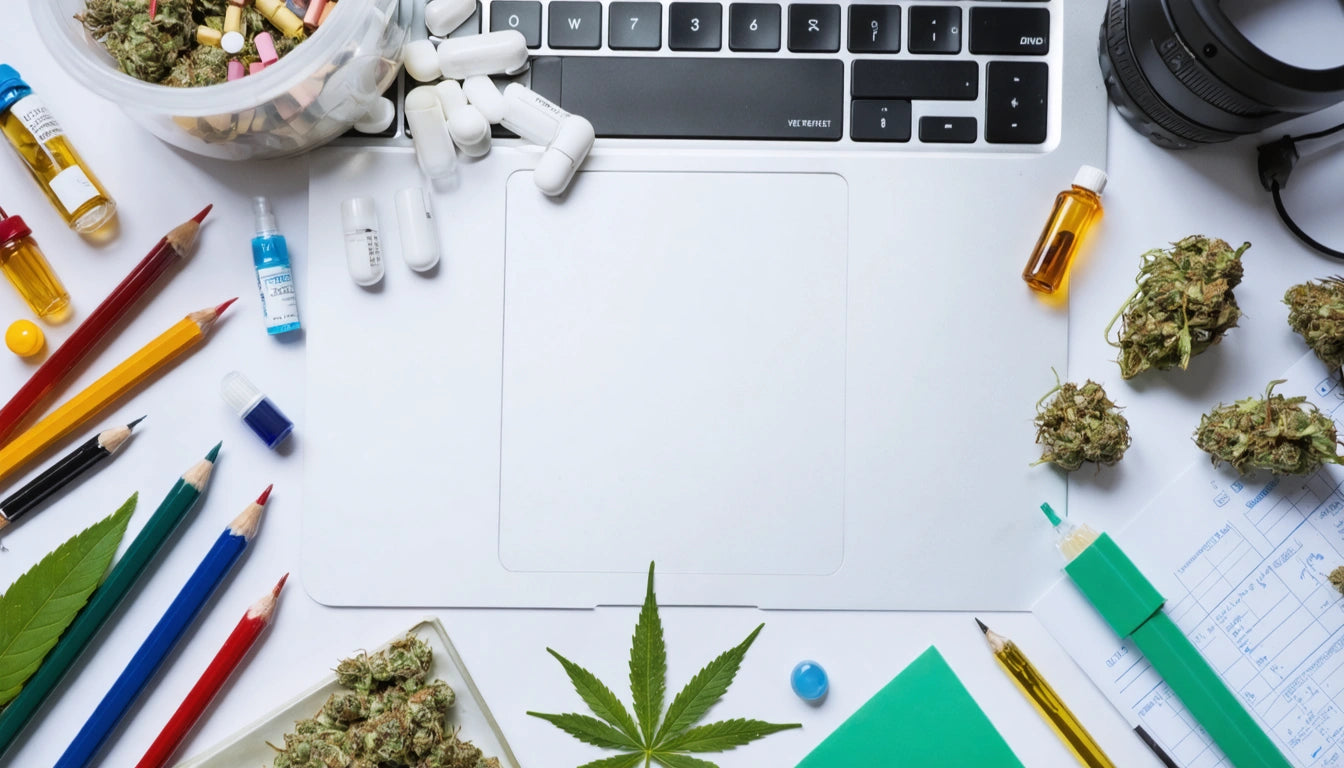 Laptop keyboard surrounded by colored pencils, pills, cannabis buds, a leaf, and a notebook on a white surface