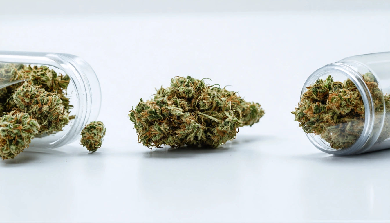 Two clear jars on their sides with dried green buds, one large bud centered on a white surface