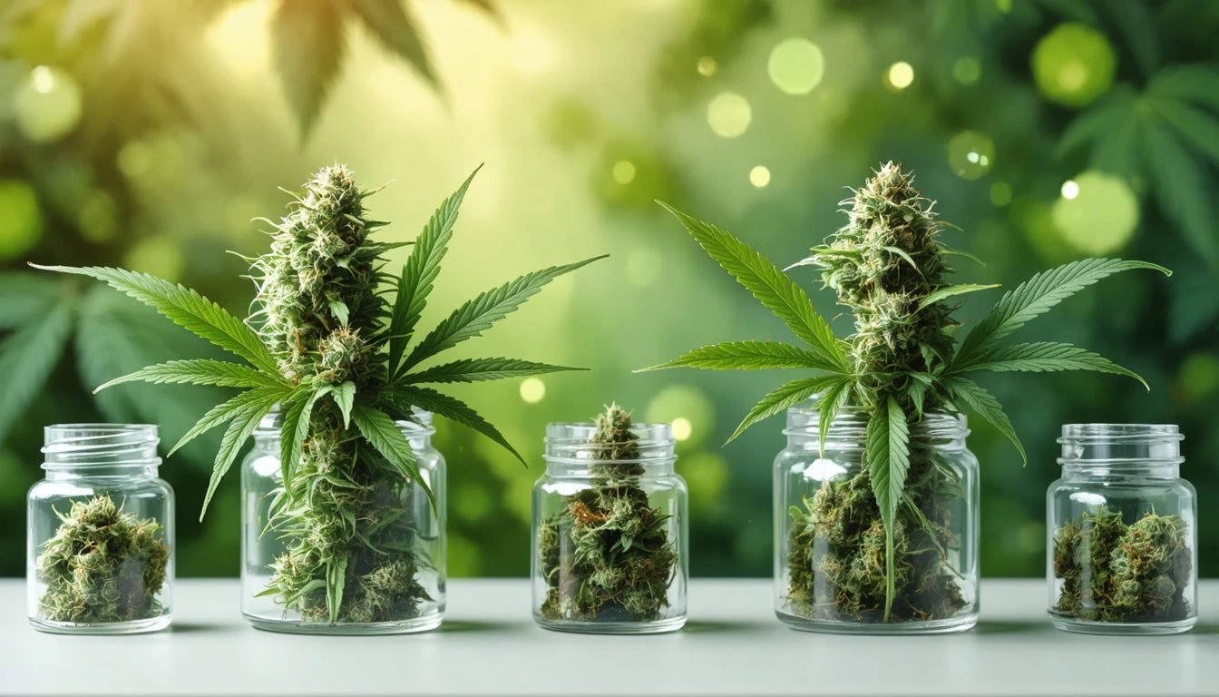 Four glass jars with green plants and buds inside, set on a white surface, with a blurred green background and bokeh lights