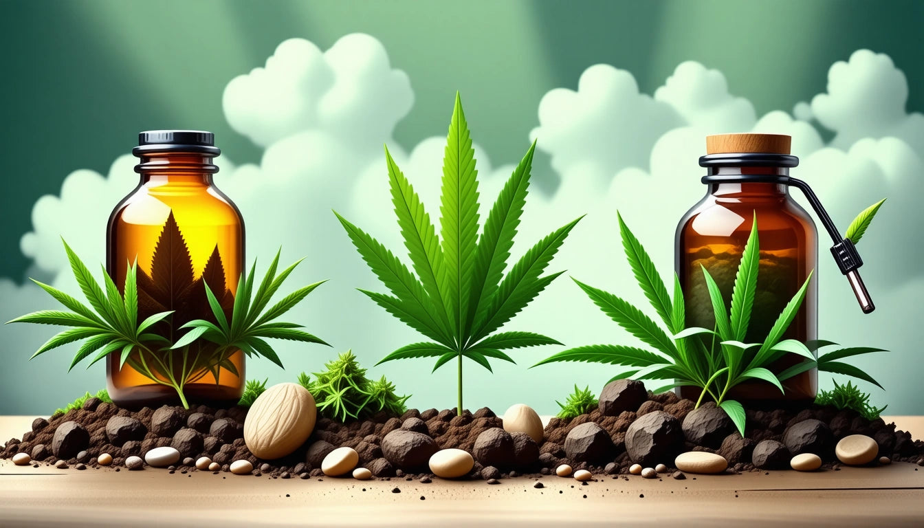 Two brown glass bottles with corks, surrounded by green leaves and small rocks, against a cloudy sky background