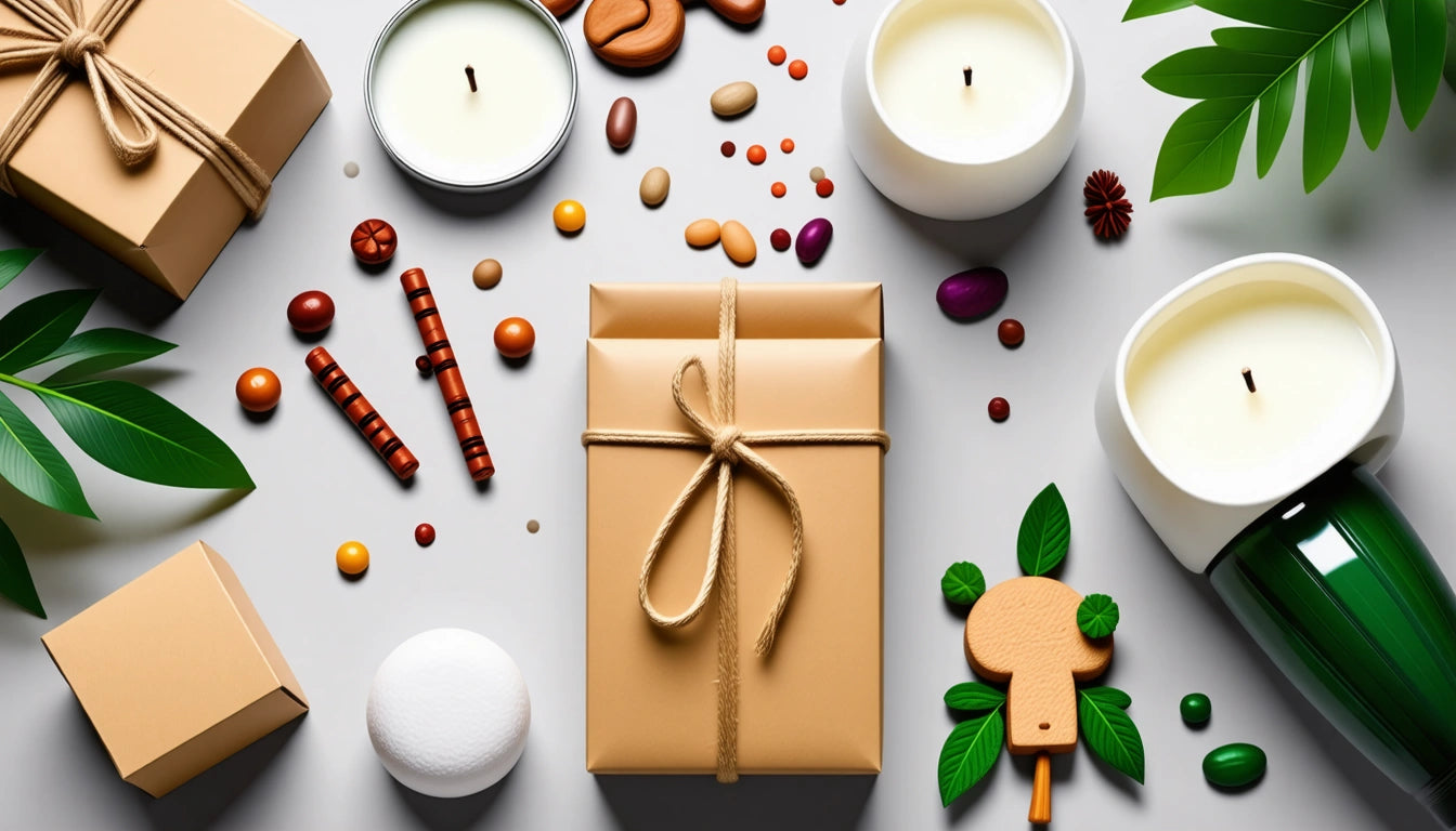 Brown gift boxes with twine, candles, colorful candies, green leaves, and wooden tree ornaments on a white surface