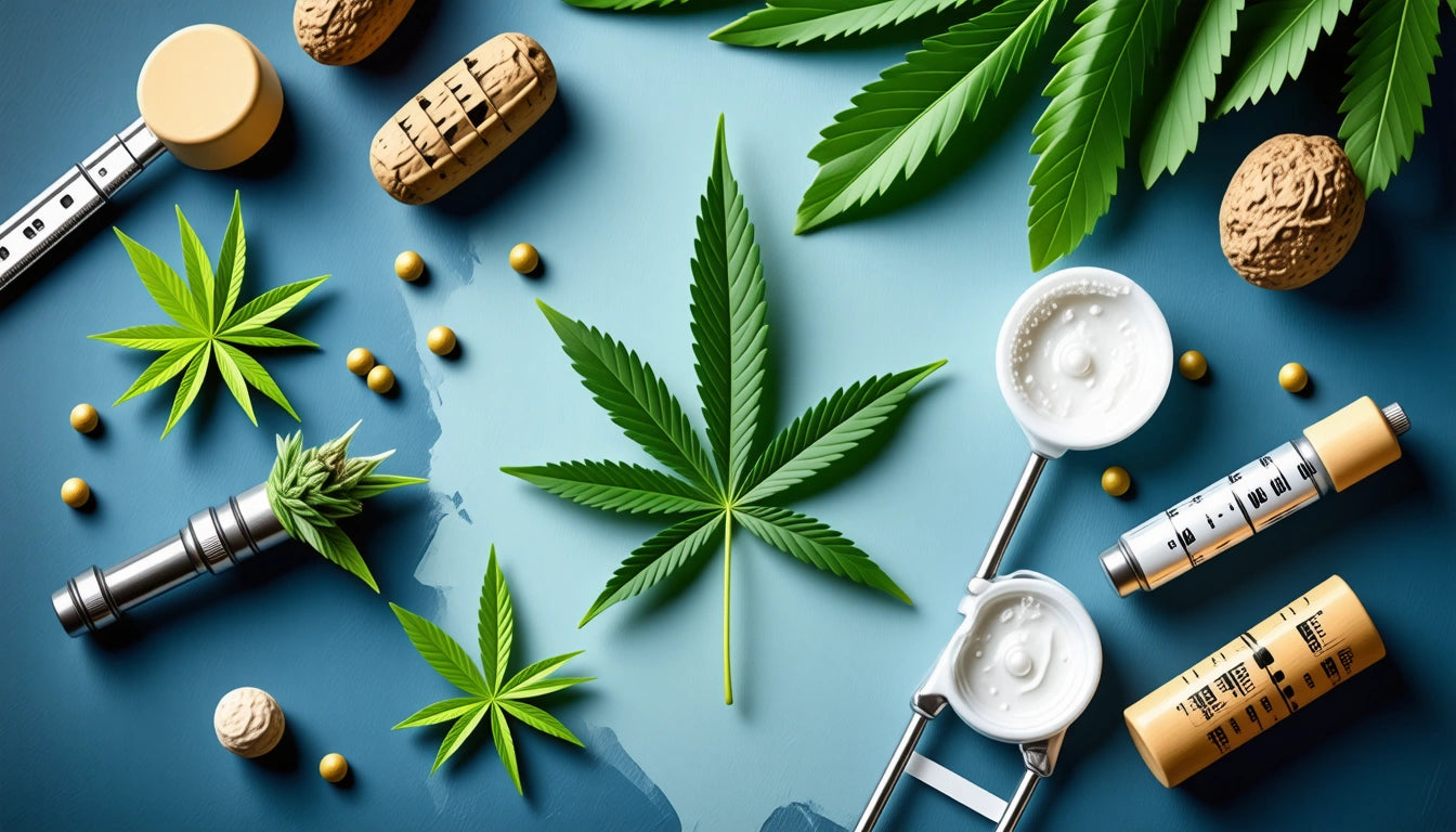 Cannabis leaves, cream jars, and syringes on a blue surface with scattered seeds and nuts