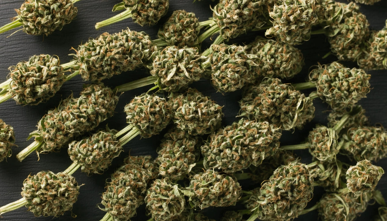 Dense clusters of green and brown buds with stems, arranged on a dark surface